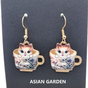 Asian Garden Calico Cat Cherry Blossom Teacup Earrings – Handmade & Customizable